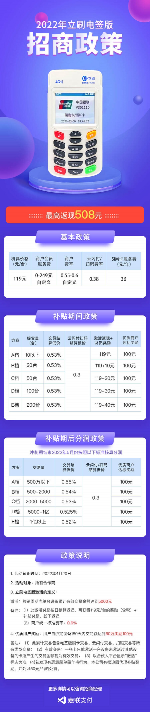 嘉联支付立刷电签4G版2022年新政策